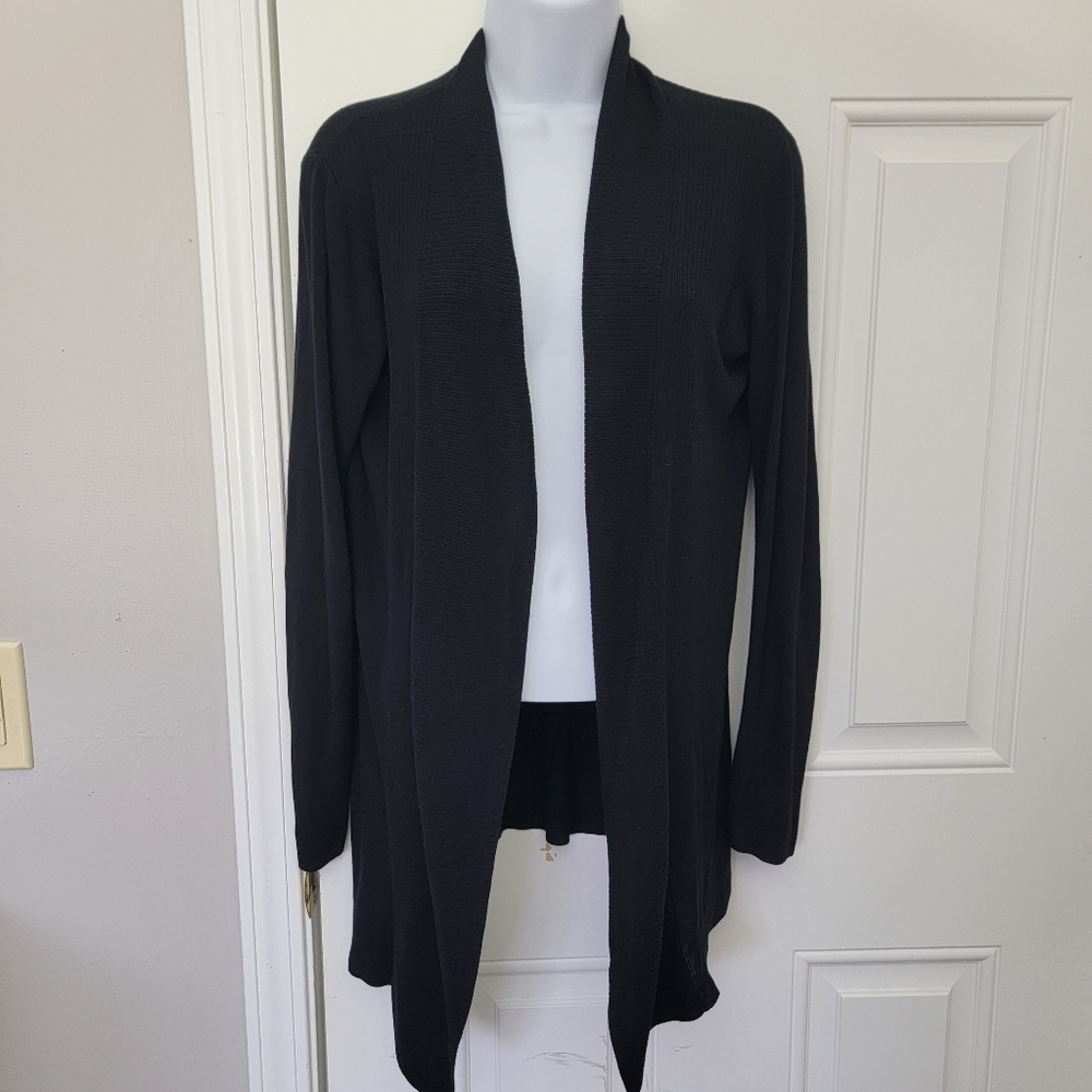 THEORY black Rib Knit Silk Blend Open Draped Cardigan Sweater Quiet Luxury Med